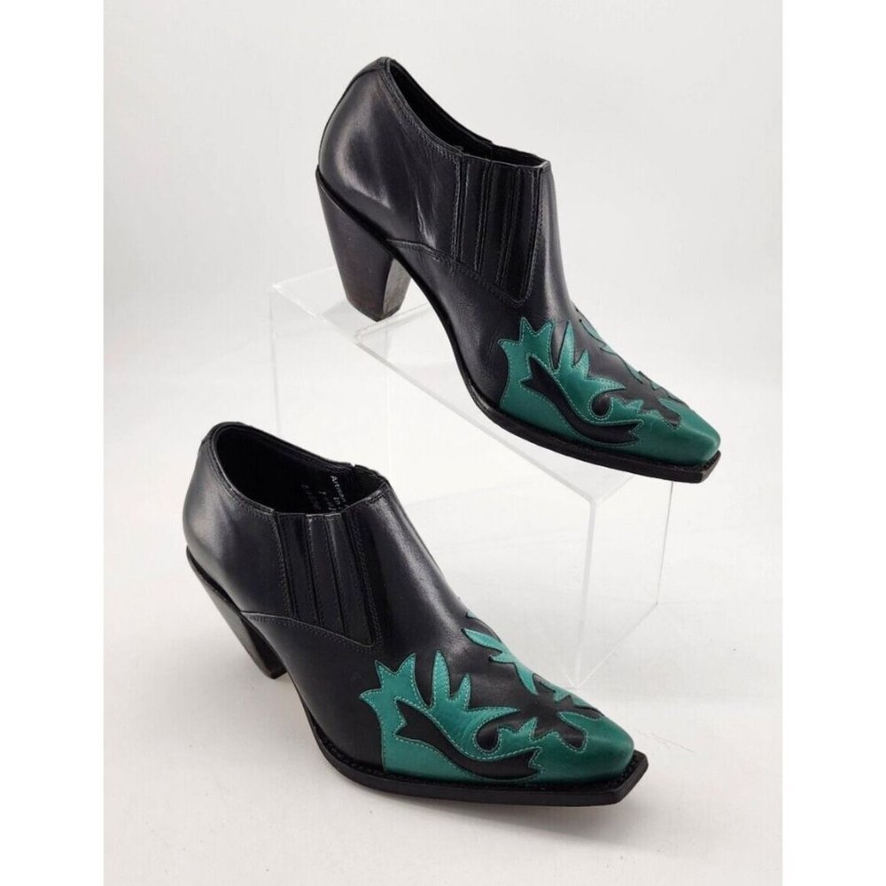 Charlie 1 Horse Womens Black Leather Teal Overlay Slip On Ankle Heel Boots Sz 6B